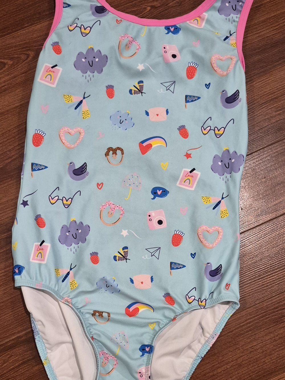 Light Blue Printed Girls' One-Piece Gymnastic Leotard with Pink Trim